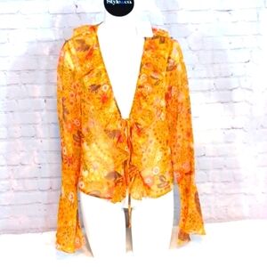 Forever 21 Woman's  Long Sleeve Yellow Print Sheer Tie‎ Front  Top L New